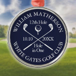 Custom Golf Hole in One Award Navy Blue Metal Ornament<br><div class="desc">Personalize the name,  location hole number and date to create a great golf keepsake to celebrate that fantastic hole in one. Designed by Thisisnotme©</div>
