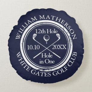 Custom Golf Hole in One Photo Navy Blue Round Pillow