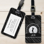 Custom Golf Male Golfer Silhouette Black & White Luggage Tag<br><div class="desc">Add your personal contact information in the template design on the back with our unique tag designed for the avid golfer! The design front features a male golfer silhouette set on a realistic golf ball image. The golf ball is framed in a black circle that is bordered with curved text...</div>