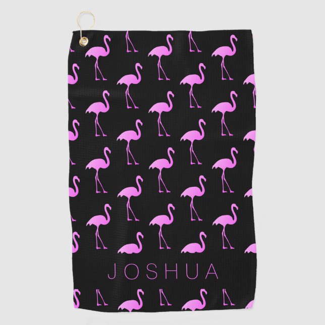 Custom golf towel with neon pink flamingo print (Front)