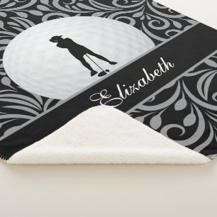 Custom Golfer Golf Silhouette Black Grey Pattern Sherpa Blanket