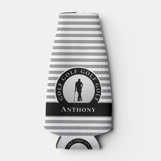 Custom Golfer Monogrammed Name Black Grey For Him Bottle Cooler (Front)