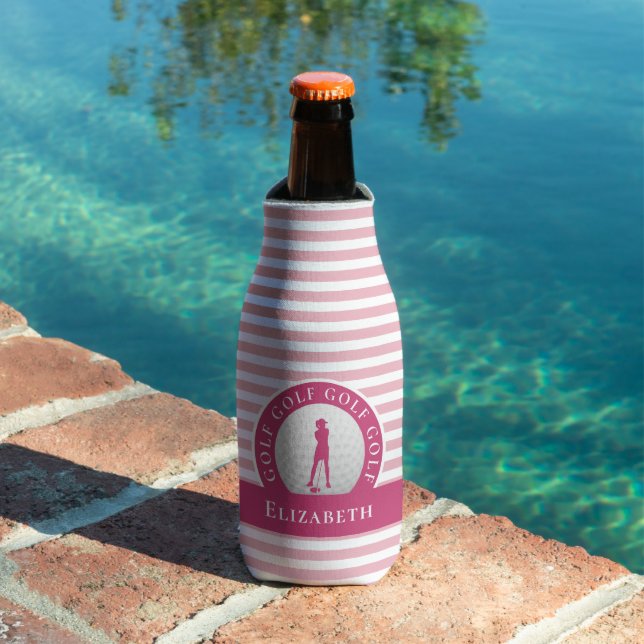 Custom Golfer Monogrammed Name Girly Pink Sports Bottle Cooler (In Situ Pool)