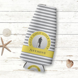 Custom Golfer Monogrammed Name Yellow Grey For Him Bottle Cooler