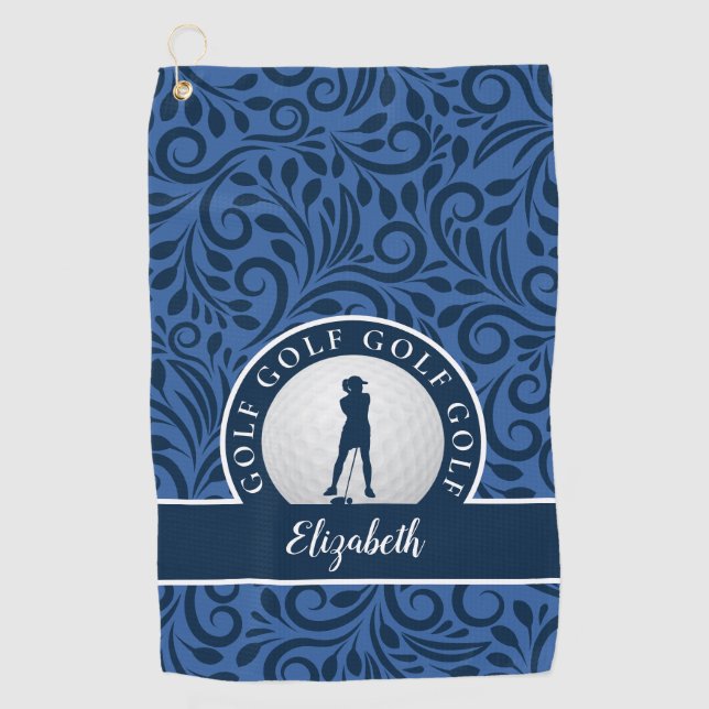 Custom Golfer Silhouette Modern Chic Pattern Blue  Golf Towel (Front)