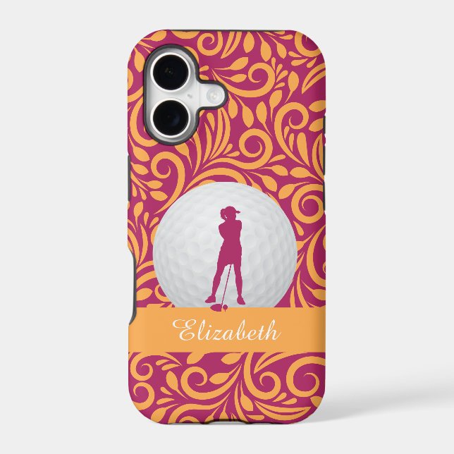 Custom Golfer Silhouette Pink Orange Pattern Name (Back)
