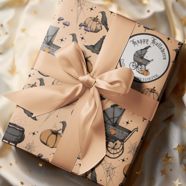Custom Goth Orange Baby Carriage Halloween Wrapping Paper (Spooky yet Elegant Victorian Baby Carriage Custom Halloween Wrapping Paper. Hand-Drawn in Black Ink)