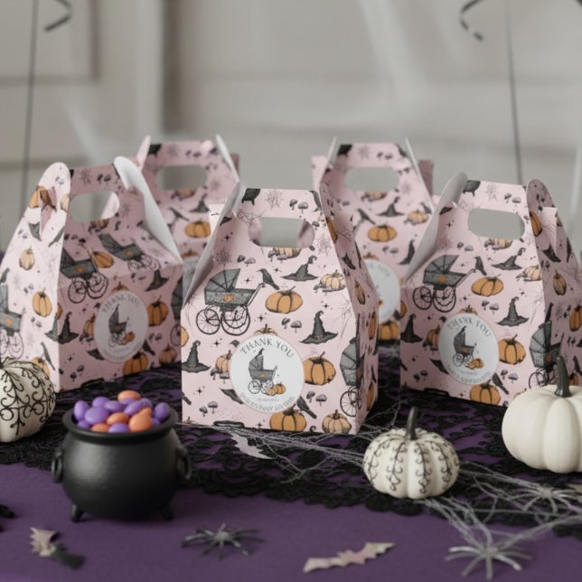 Custom Goth Pink Baby Carriage Halloween Favor Box (Pink A Baby is Brewing Halloween Baby Shower Favor Boxes. Spooky Baby Carriage, Pumpkin, Witch Hat)