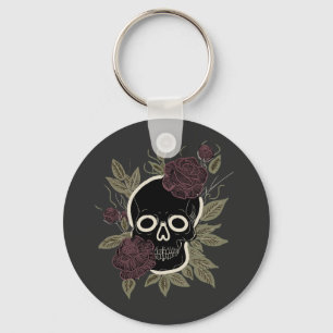Custom Gothic Skull and Roses Dark Floral Art Keychain