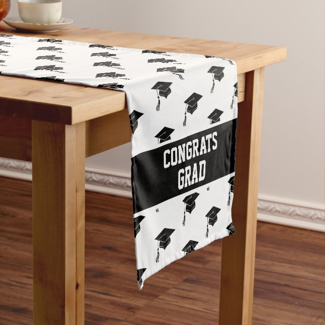 Custom Grad Hat and Tassel Graduation Celebration Short Table Runner (In Situ)