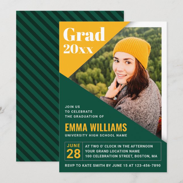 Custom Grad Modern Green Yellow | Photo Graduation Invitation (Front/Back)