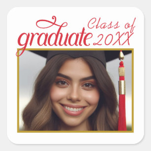 Custom Graduate Photo Class Year Fancy Script Square Sticker
