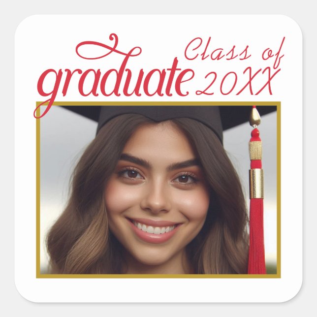 Custom Graduate Photo Class Year Fancy Script Square Sticker (Front)