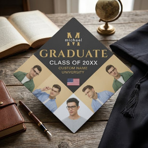 Custom Graduate Photo Collage Monogram US Flag Graduation Cap Topper