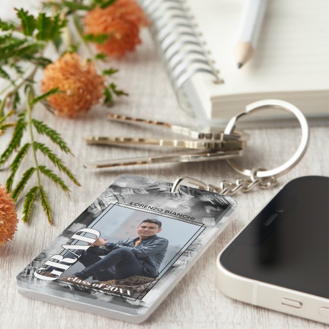 Custom Graduate Photo On Abstract Art Pattern Keychain (Front Right)