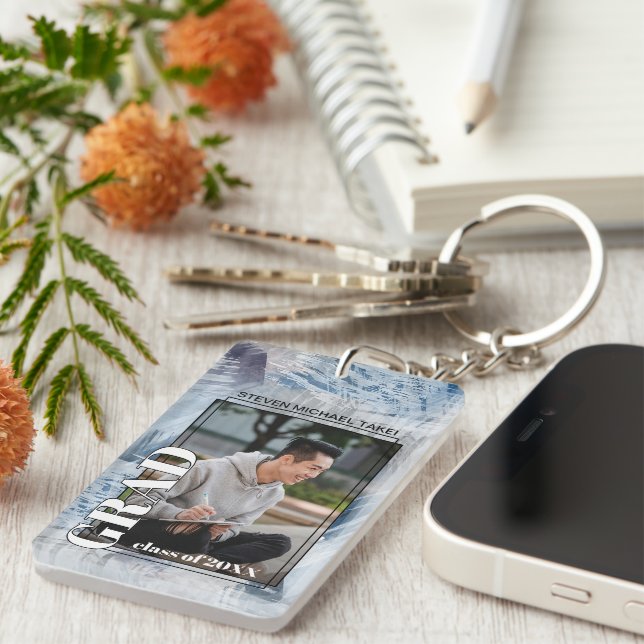 Custom Graduate Photo On Abstract Art Pattern Keychain (Front Right)