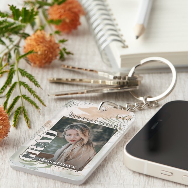 Custom Graduate Photo On Abstract Art Pattern Keychain (Front Right)