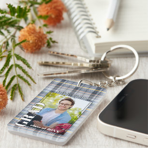 Custom Graduate Photo On Gingham Pattern Keychain