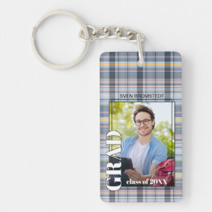 Custom Graduate Photo On Gingham Pattern Keychain
