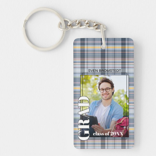 Custom Graduate Photo On Gingham Pattern Keychain (Front)