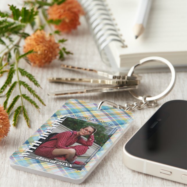 Custom Graduate Photo On Gingham Pattern Keychain (Front Right)