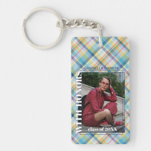 Custom Graduate Photo On Gingham Pattern Keychain