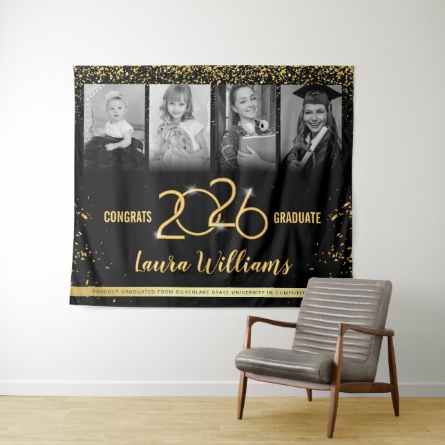 Custom Graduation Banner Photo Collage Black Gold Tapestry (In Situ (Horizontal))
