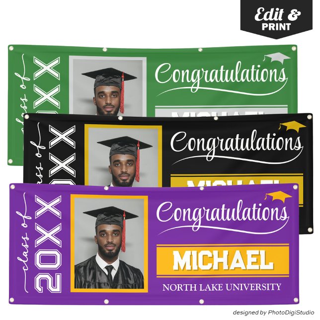 Custom Graduation Banner with Name & School (2025 Editable Graduation Banner with Name & School, Purple and Gold Banner Outdoor Horizontal)