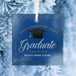 Custom Graduation Blue Gold Graduate Christmas Glass Ornament<br><div class="desc">This royal blue custom senior graduation Christmas ornament gift features chic white and gold typography under a high school or college name for the class of 2026. Customize with your graduating year under the lovely calligraphy for a great personalized graduate present.</div>