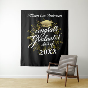 Custom Graduation Cap Golden Starburst Backdrop Tapestry