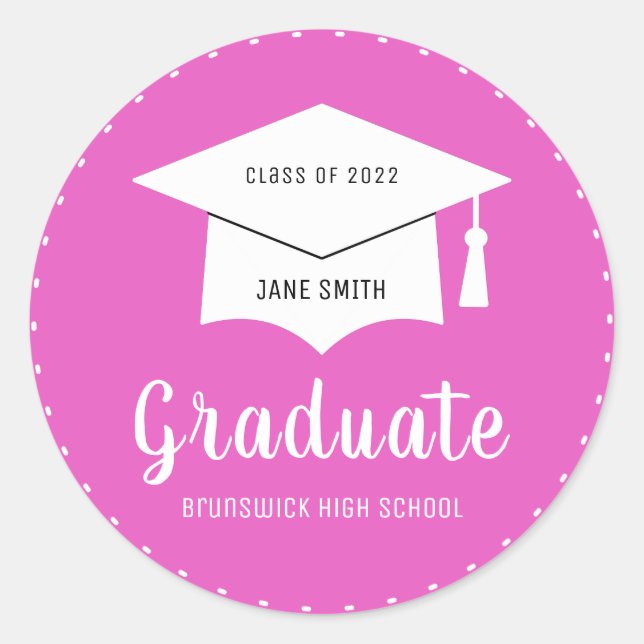 Custom Graduation Cap Year School Name Pink White  Classic Round Sticker (Front)