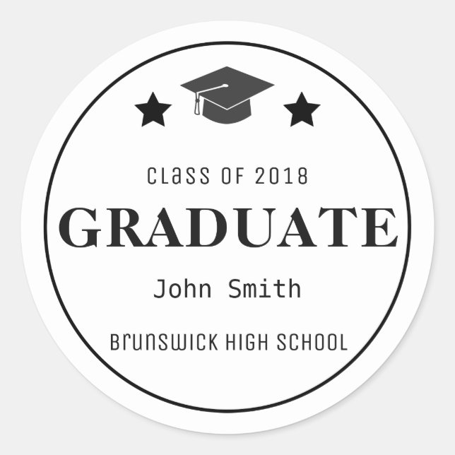 Custom Graduation Cap Year School Star Black White Classic Round Sticker (Front)