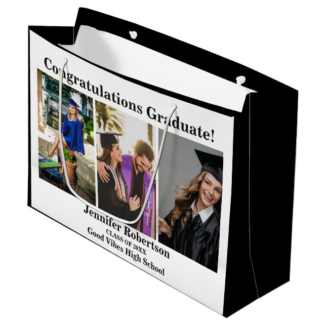 Custom Graduation Class of 3 Photo Collage Name  Large Gift Bag (Front Angled)