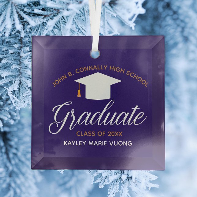 Custom Graduation Green Gold Graduate Christmas Glass Ornament (Creator Uploaded)