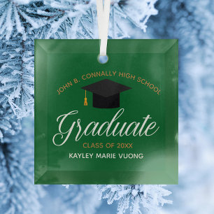 Custom Graduation Green Gold Graduate Christmas Glass Ornament