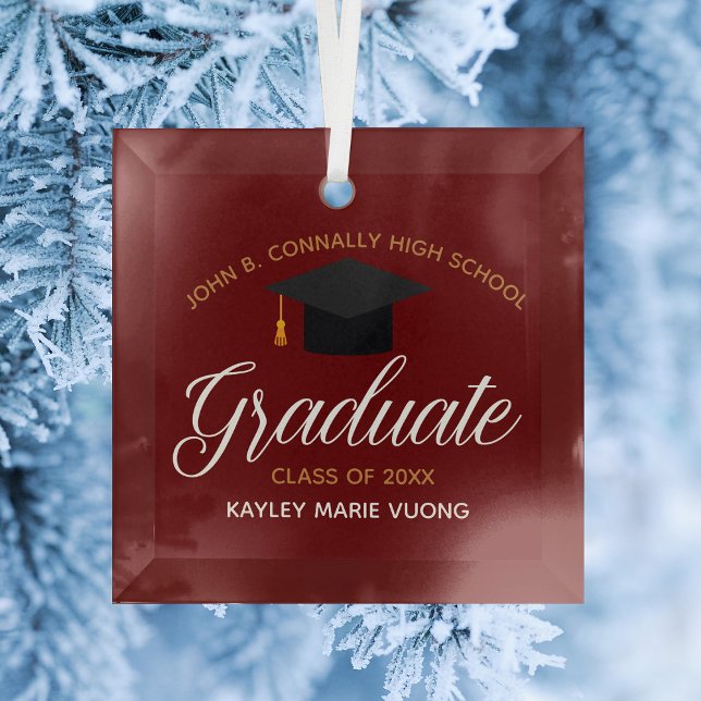 Custom Graduation Maroon Gold Graduate Christmas Glass Ornament (Creator Uploaded)