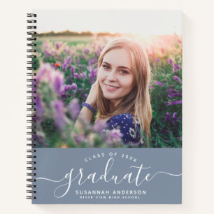 Custom Graduation Modern Dusty Blue Script Photo Notebook