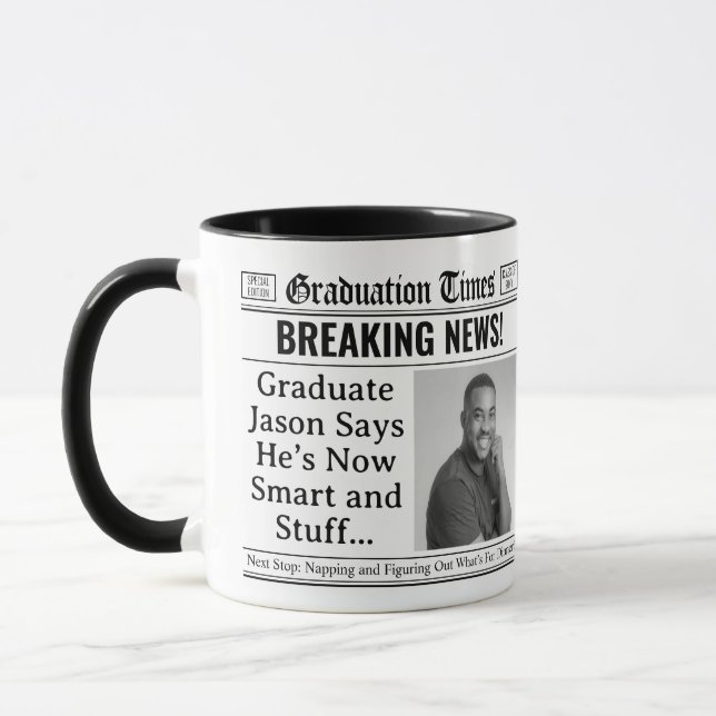 Custom Graduation Mug, Fun Personalized Newspaper Mug (Left)