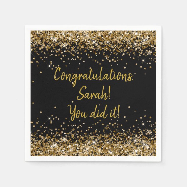 Custom Graduation Party Personalized Black & Gold Napkin (Front)