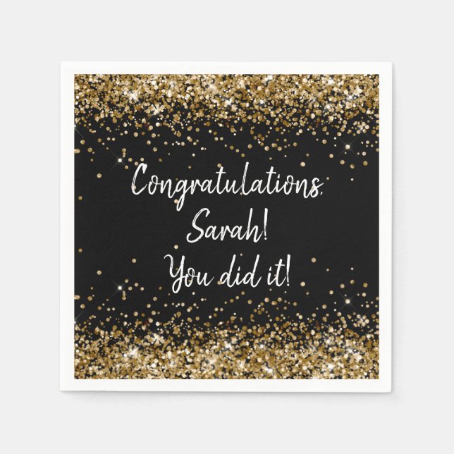 Custom Graduation Party Personalized Black & Gold Napkin (Front)