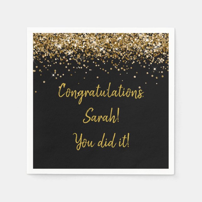 Custom Graduation Party Personalized Black & Gold Napkin (Front)