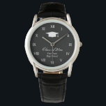 Custom graduation party watch for graduate student<br><div class="desc">Custom graduation watch for graduate students. Create your own elegant favour gift for high school grads. Stylish design with chic latin numbers and graduation cap / hat logo. Personalize with name and class of year 2024 etc. Classy script typography. Also nice for fancy reunion party. Personalized black and white design....</div>