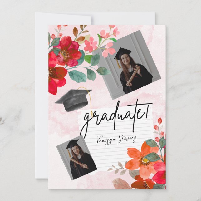 Custom Graduation Party Watercolor Flower Photo Invitation (Front)
