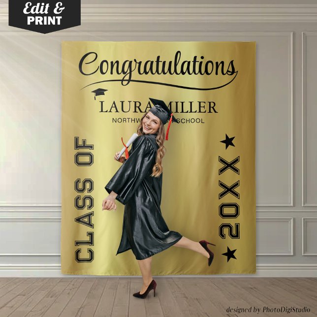 Custom Graduation Photo Banner, Black Gold Prop Tapestry (Editable Black & Gold Graduation Photo Backdrop)