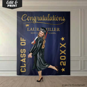 Custom Graduation Photo Banner, Blue Gold Prop Tapestry