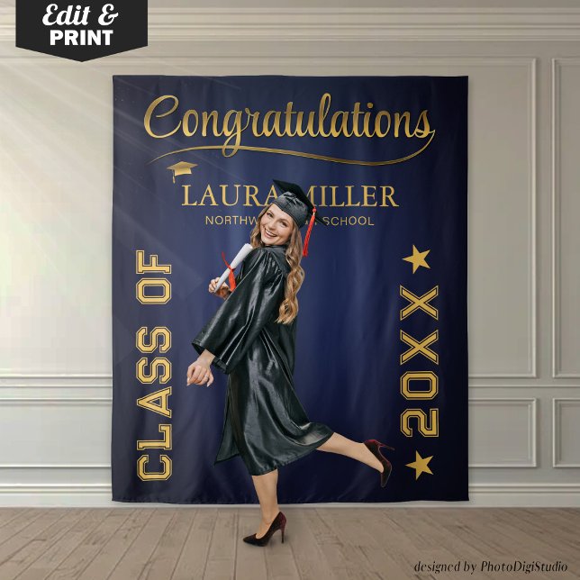 Custom Graduation Photo Banner, Blue Gold Prop Tapestry (Editable Navy & Gold Graduation Photo Backdrop)