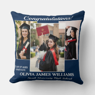 Custom Graduation Photo Collage Navy Blue Throw Pillow