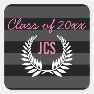Custom Graduation Postage, Black and Pink Monogram Square Sticker