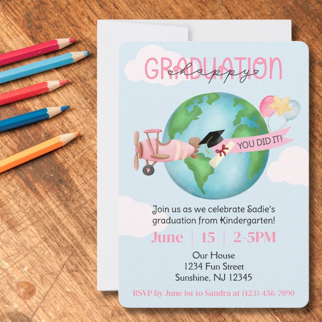 Custom Graduation,QR Code,Photo,Kid Pink Airplane  Invitation (Creator Uploaded)