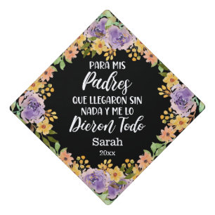 Custom Graduation Quote Spanish Watercolor Flowers Cap Topper